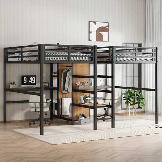 Twin over Twin Metal Loft Bed with Double Desk and Wardrobe and Shelves with Electrical Outlet for Space Saving and Noise Reduction - primary color shot