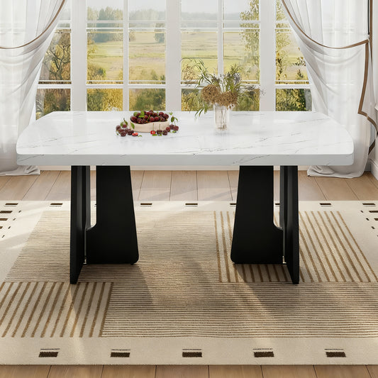 63' Modern Faux Marble Dining Table - Black/white Marble Top with Sturdy Geometric Legs, Stylish Kitchen & Dining Room Table for Dining - detail view 2