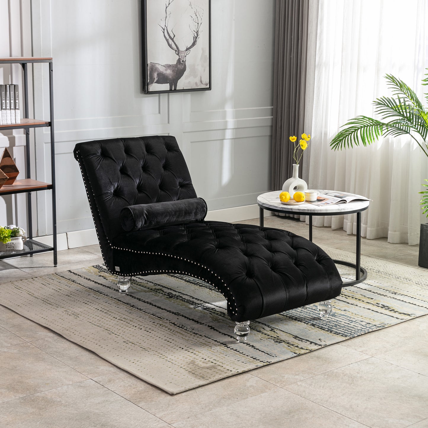 Black Velvet Tufted Chaise Lounge with Black Legs - detail view 2