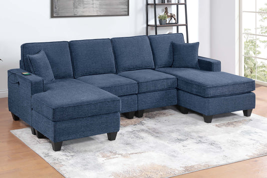 3pc Sectional Set Dark Blue Finish Right Arm And Left Arm Chaise USB Port Armless Loveseat Plastic Legs Matching Two Pillows Primary - primary color shot