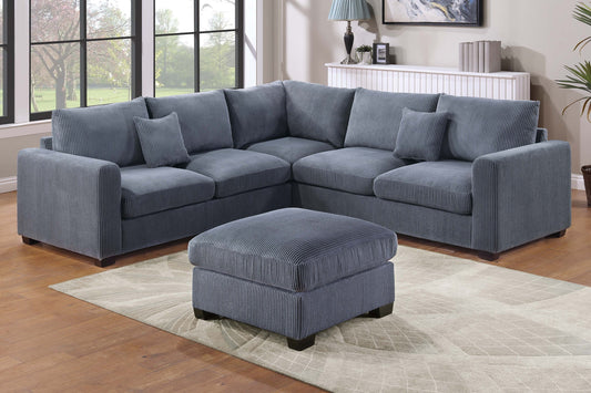 Modern Style L-Shaped 4pc Sectional Set Cocktail Ottoman Square Arms Throw Pillow Corduroy Upholstered Dark Gray Finish Primary Living Room - detail view 2