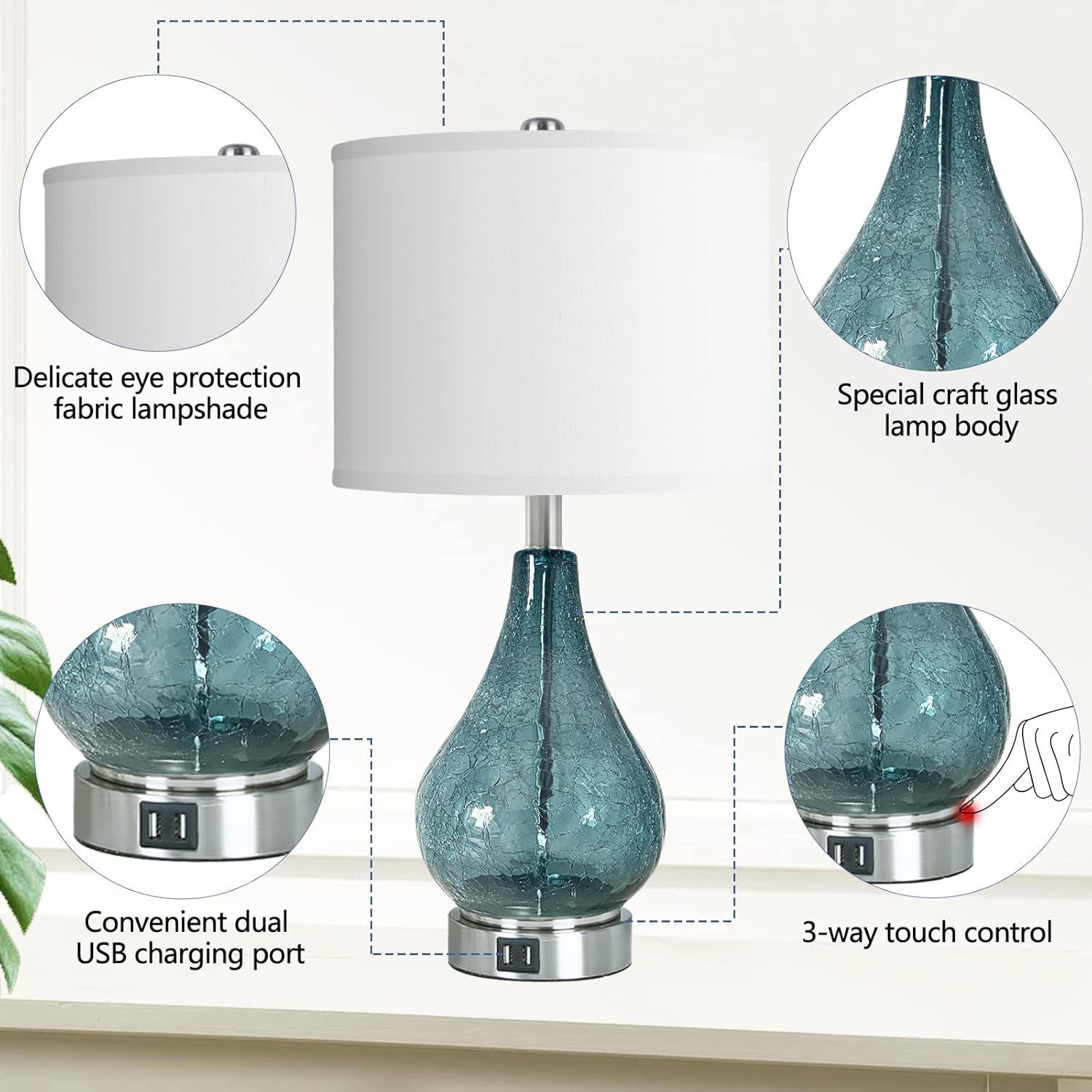 Set of 2 Blue Glass Table Lamps with 3-Way Dim