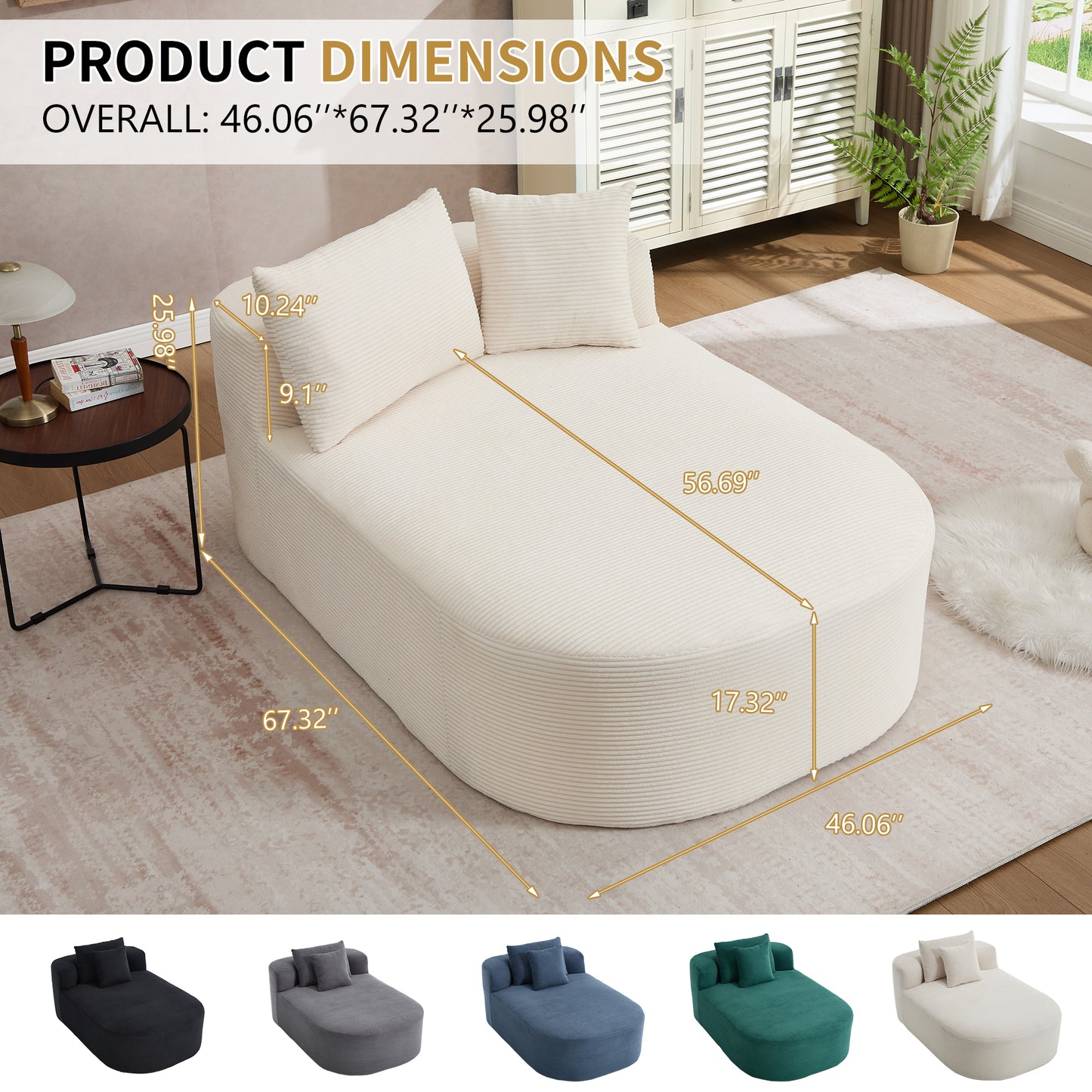 White Oversized Corduroy Chaise Lounge Sofa Bed with Deep Seat & Soft Pillows - Beige - detail view 4