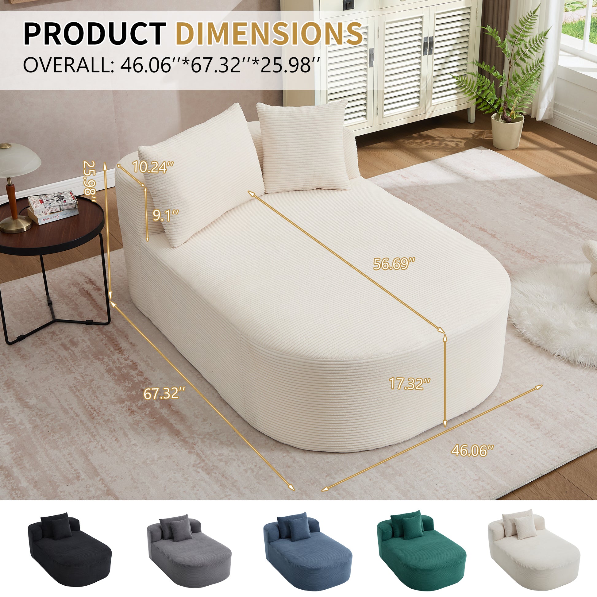 White Oversized Corduroy Chaise Lounge Sofa Bed with Deep Seat & Soft Pillows - Beige - detail view 4