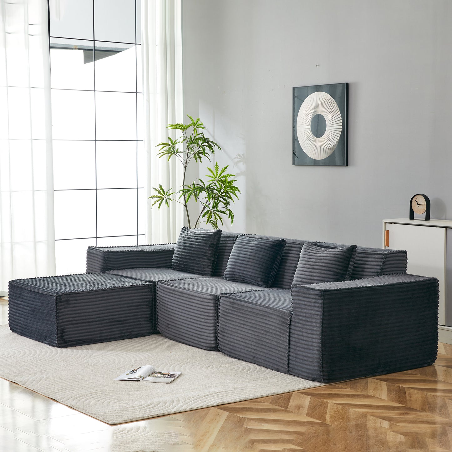L-Shaped Modular Sectional Sofa, 3-Seater with Ottoman, Striped Corduroy Fabric, High-Density Foam For Home, Apartment, Office (Dark Gray) - detail view 7
