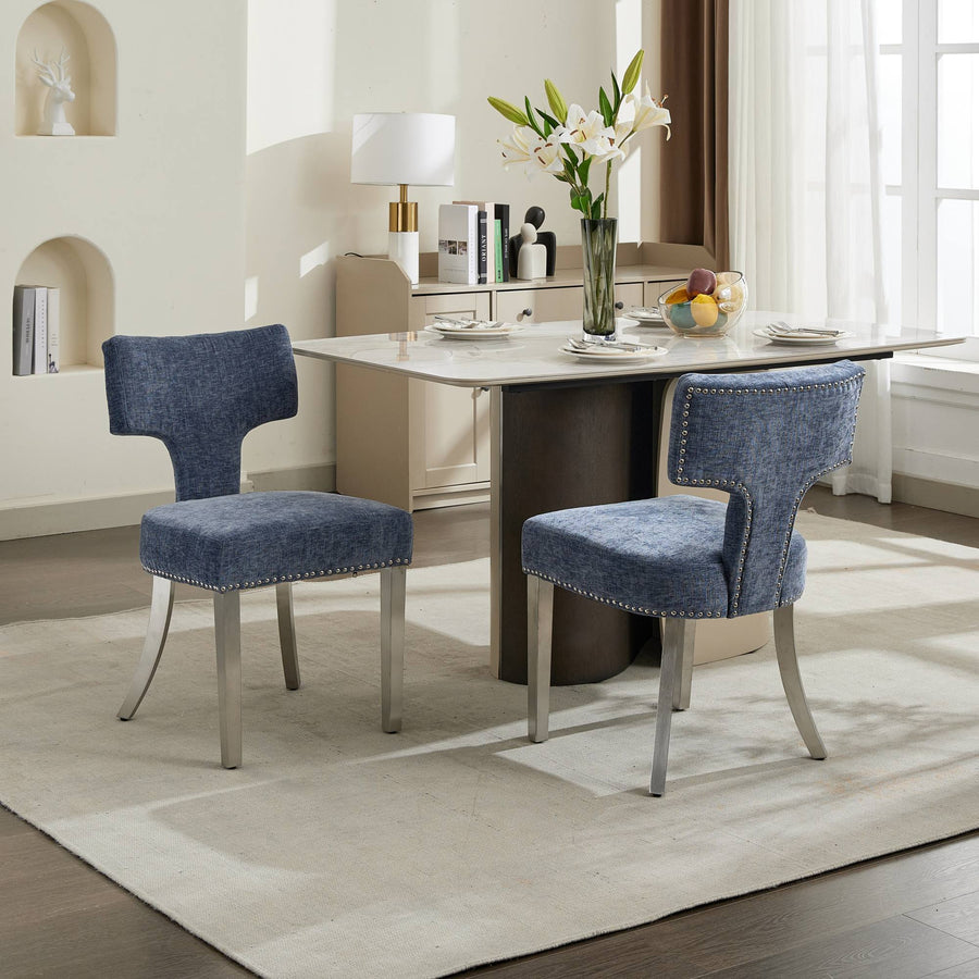 Blue Chenille Dining Chairs with Brushed Silver Legs (Set of 2)