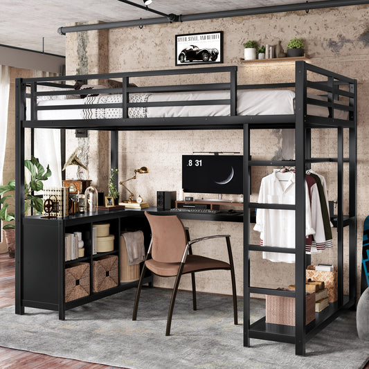 Metal Loft Bed with Wardrobe and L-Shaped Desk - Black - primary color shot