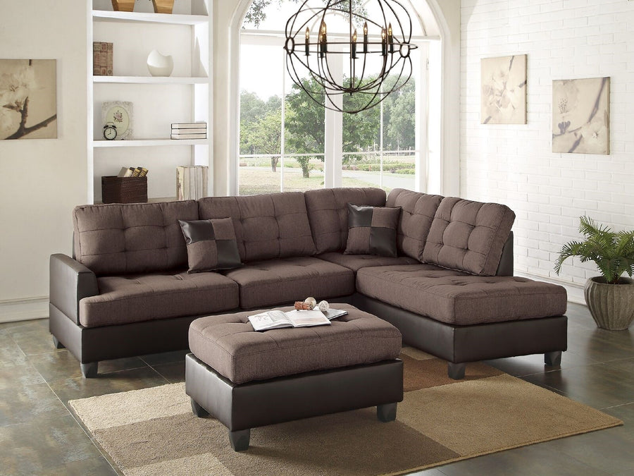 Sectional Sofa Chocolate Polyfiber Cushion Tufted Reversible 3pc Sectional Sofa, Chaise Ottoman Living Room Furniture - primary color shot