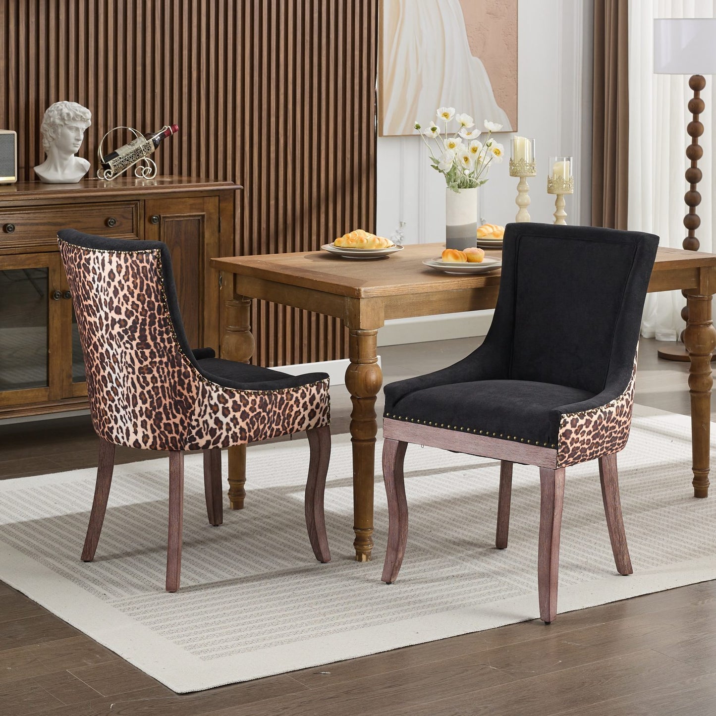 Leopard Fabric Dining Chairs with Wood Legs (Set of 2)