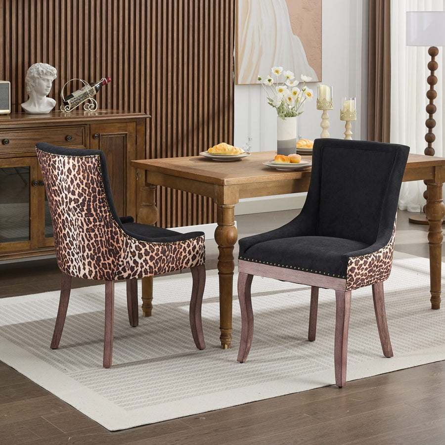 Leopard Fabric Dining Chairs with Wood Legs (Set of 2)