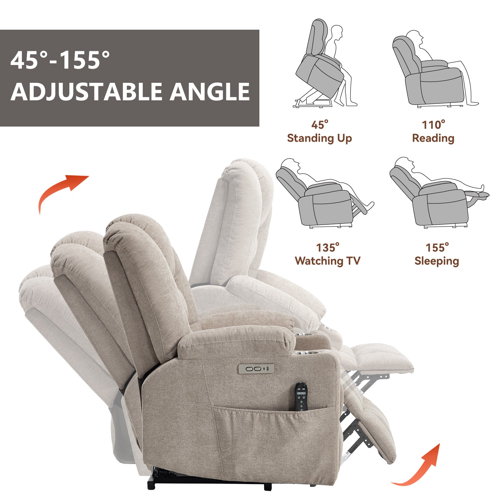 Power Lift Recliner Chair with Massage and Heat for Elderly - Khaki - detail view 5