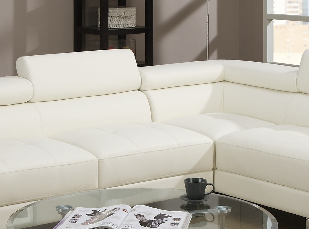 White Color Sectional Living Room Furniture Faux Leather Adjustable Headrest Right Facing Chaise & Left Facing Sofa - detail view 7