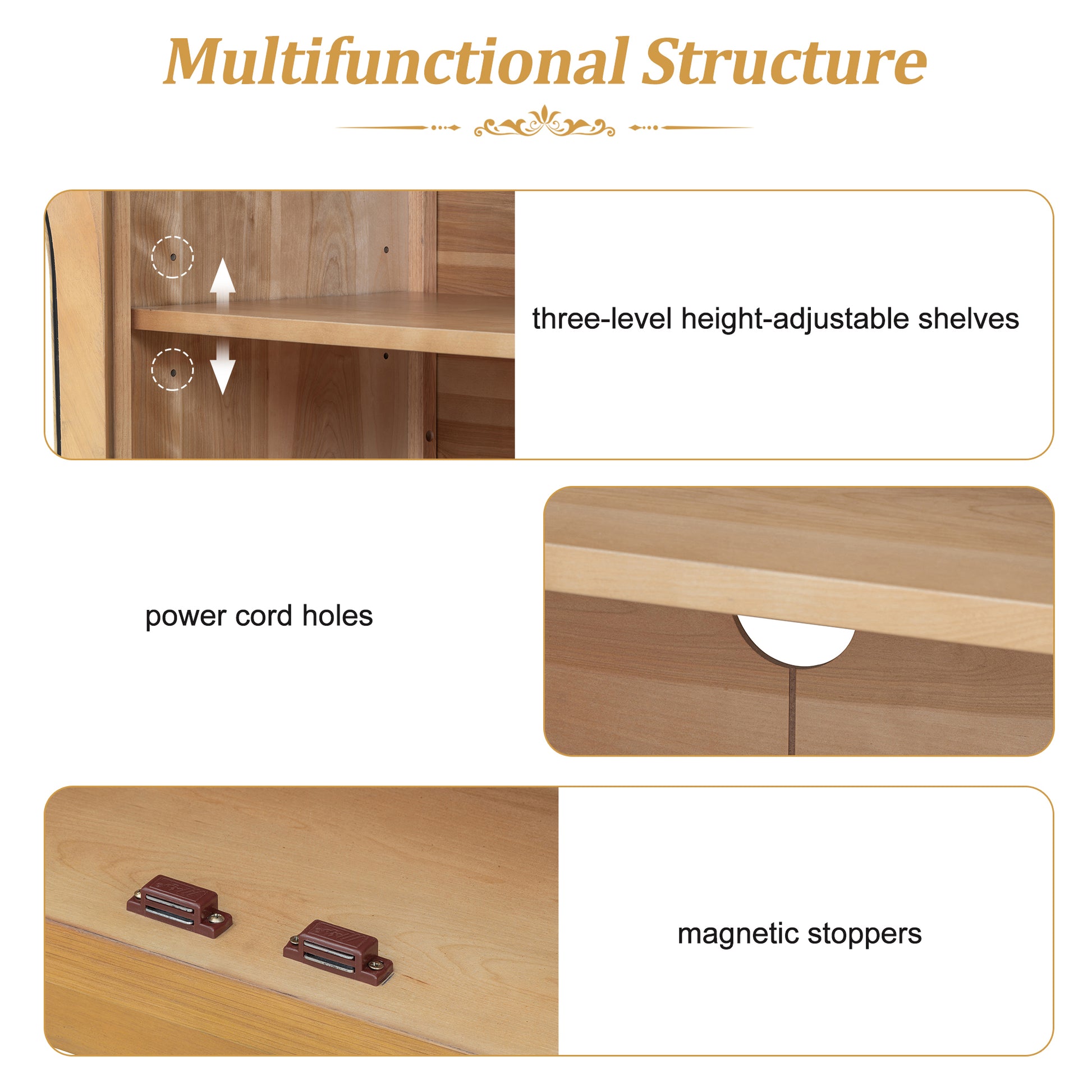 TREXM 4-Door Large Storage Sideboard Buffet Cabinet with Glass Doors - Natural - detail view 8