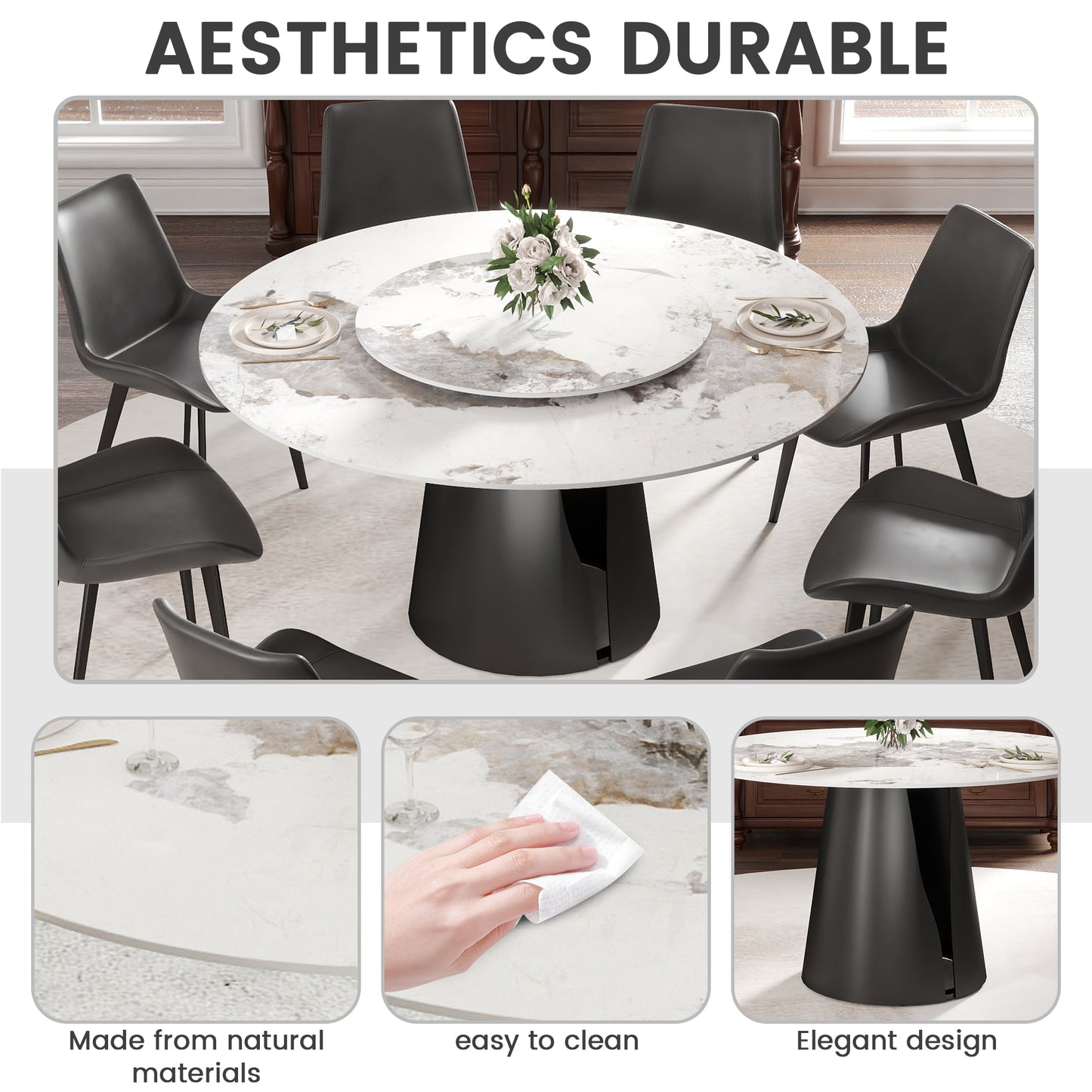 59" Modern Artificial Stone Round Black Carbon Steel Base Dining Table-Can Accommodate 6-8 People - White - detail view 8