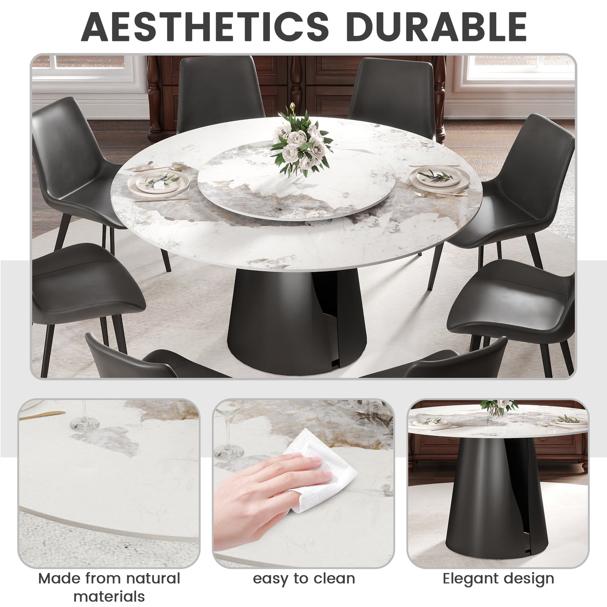 59" Modern Artificial Stone Round Black Carbon Steel Base Dining Table-Can Accommodate 6-8 People - White - detail view 8