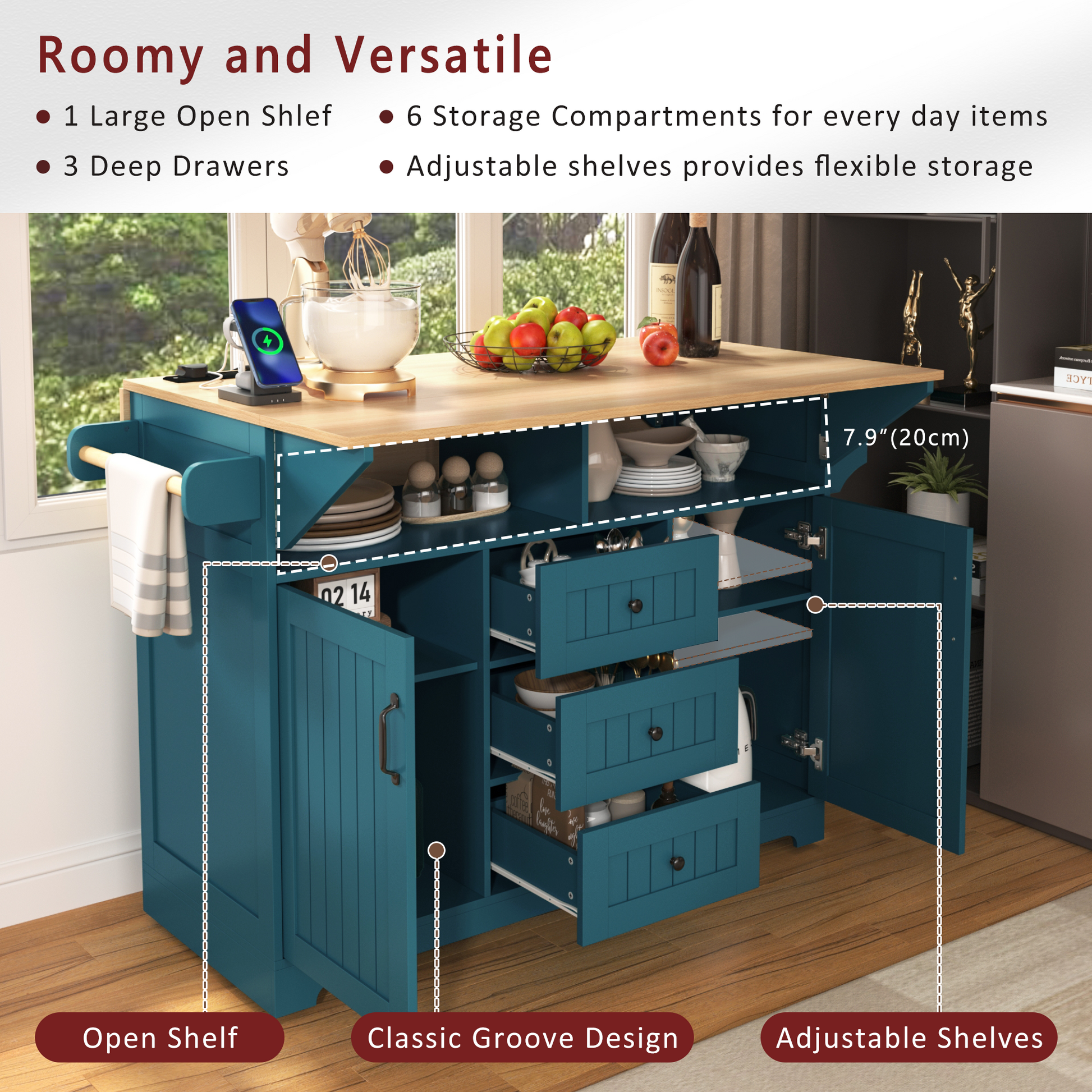 K&k 55.7'' Large Kitchen Island with 2 Drop Leaf - Green - detail view 7