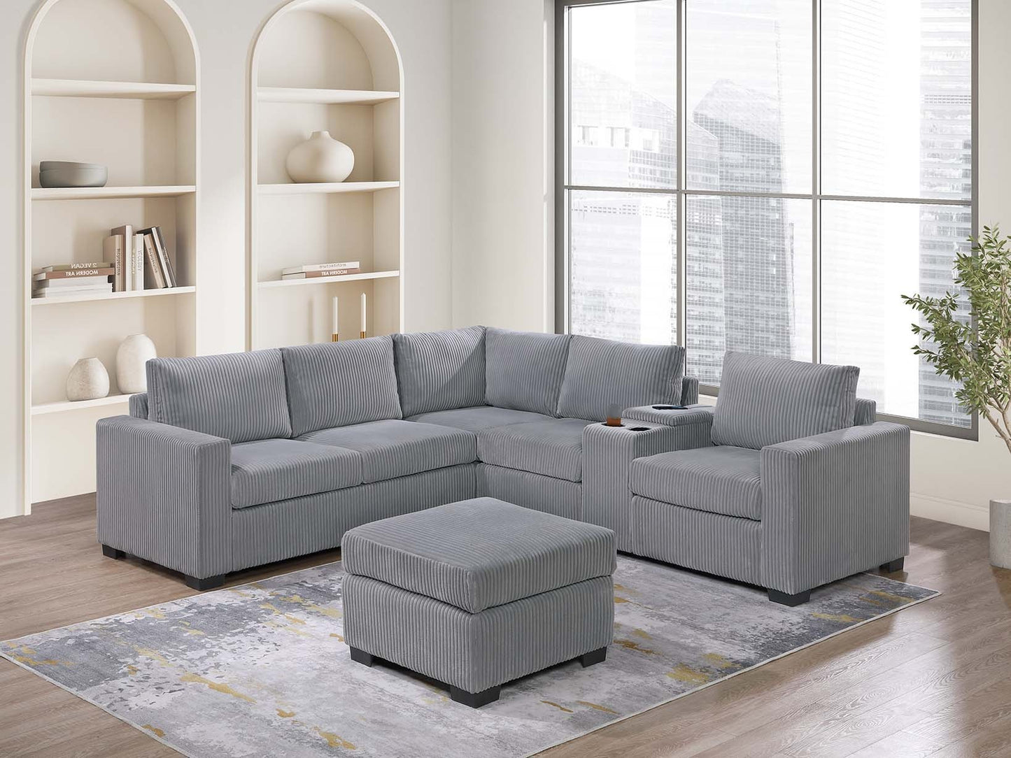 Modern Functional Light Gray Corduroy Upholstered Sectional Set Living Room One Arm Loveseat Wedge Console Ottoman 4pc Couch Sofa Set - primary color shot