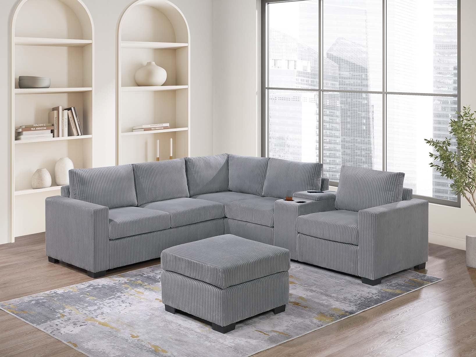 Modern Functional Light Gray Corduroy Upholstered Sectional Set Living Room One Arm Loveseat Wedge Console Ottoman 4pc Couch Sofa Set - primary color shot