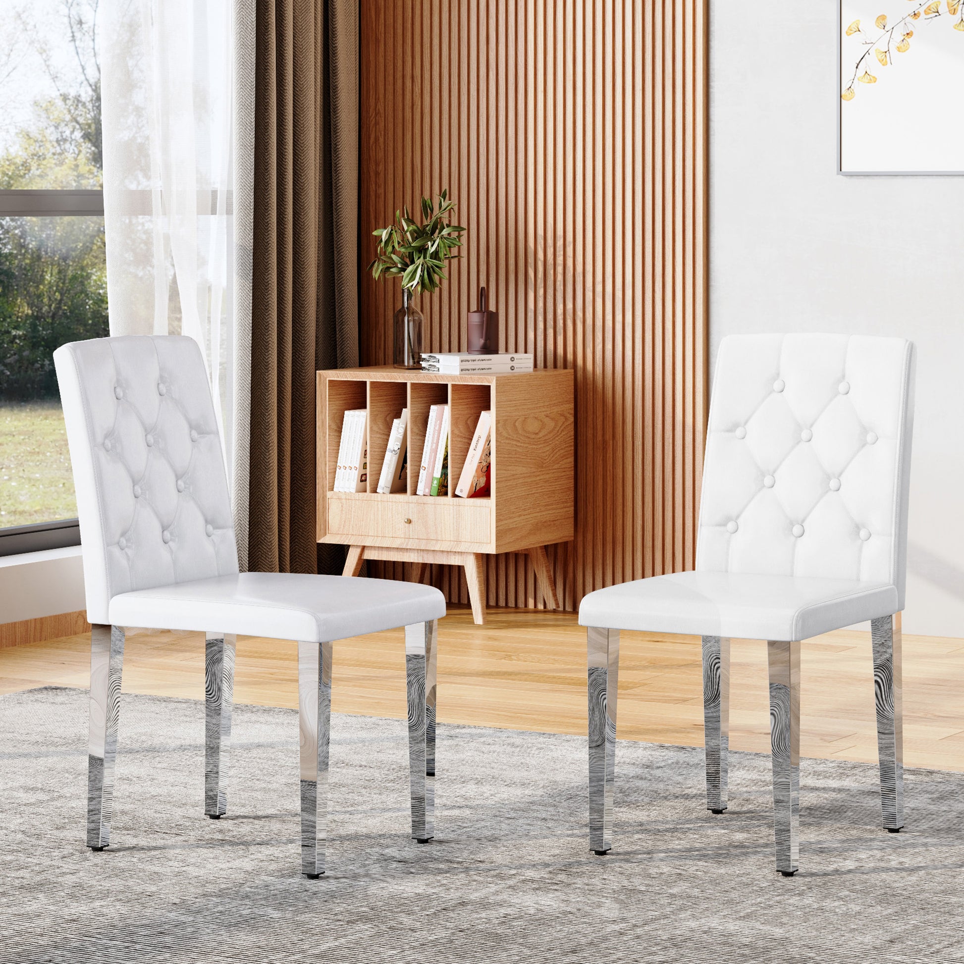 White Upholstered Fabric Dining Chairs with Silver Legs (set of 2) - primary color shot