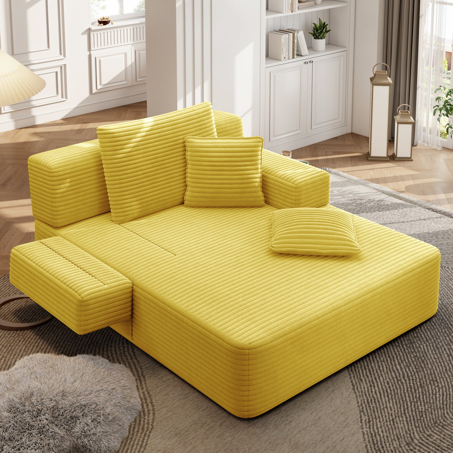 Luxurious Plush Corduroy Chaise Lounge with 3 Pillows - Yellow - detail view 7