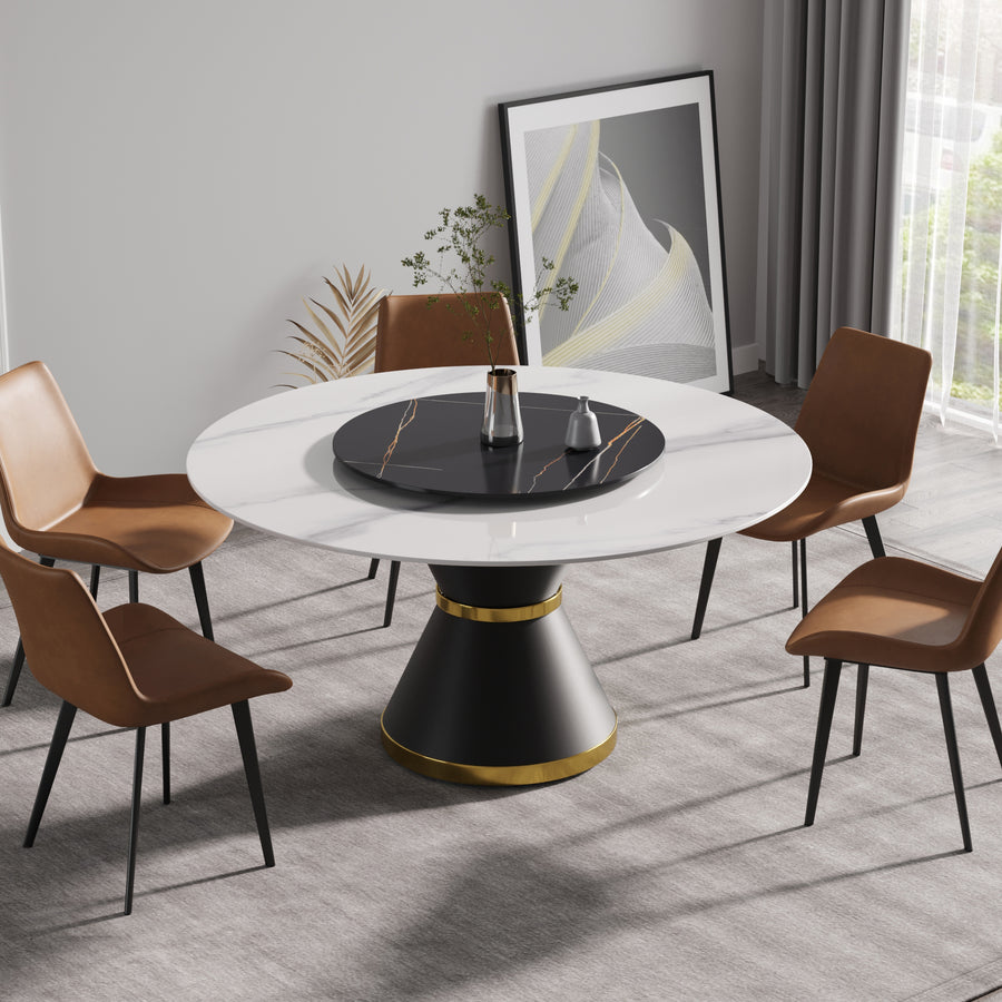 59" Modern Artificial Stone Round Black Carbon Steel Base Dining Table-Can Accommodate 6 People-31.5'black Artificial Stone Turntable - White & Black - primary color shot
