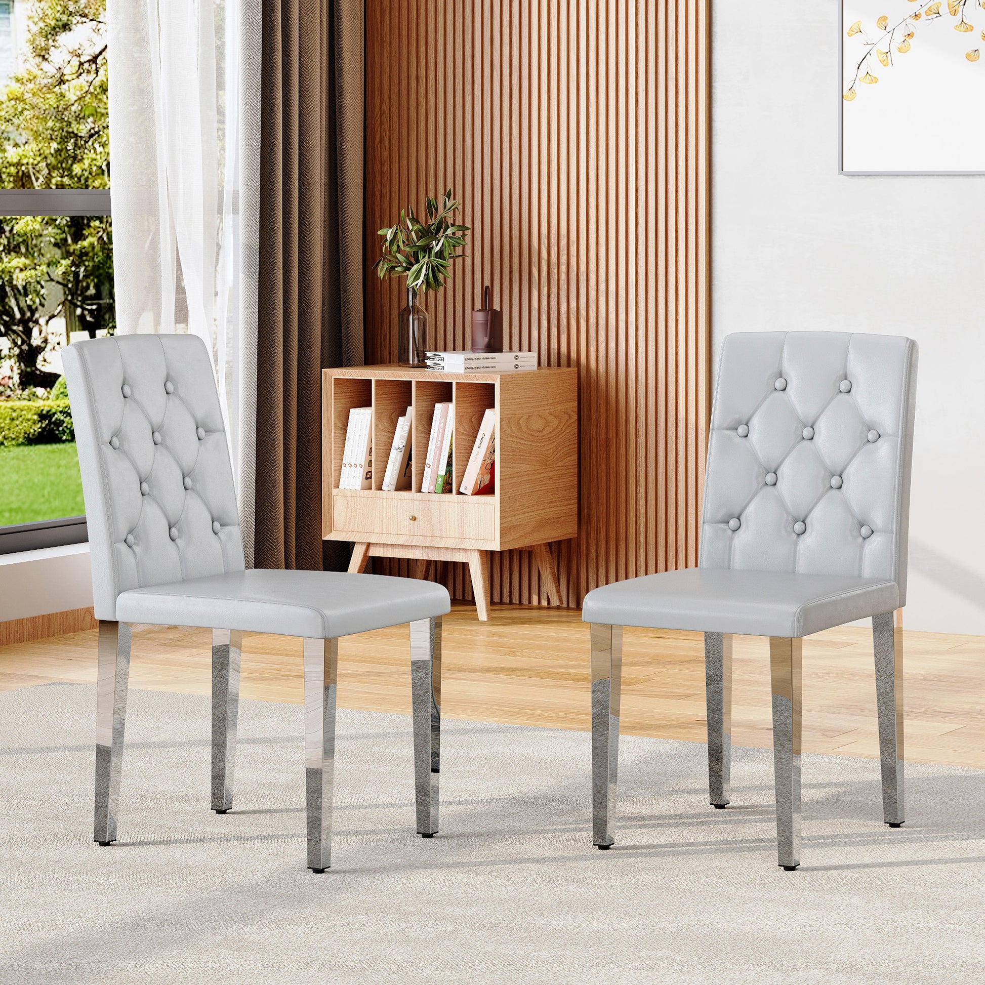 Gray Upholstered Fabric Dining Chairs with Silver Legs (set of 2) - detail view 2