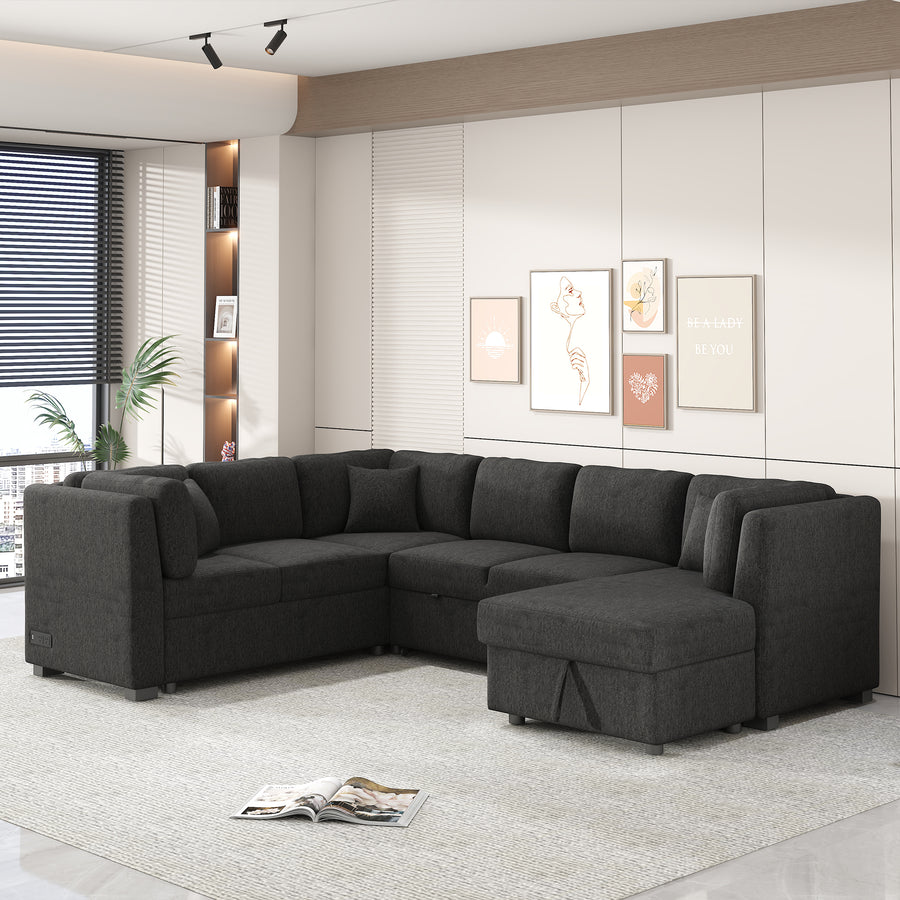 U-shaped Sectional Sofa Pull Out Bed with USB Ports, Power Sockets, Back Pillows & Storage Chaise, Black Chenille, 108.6' - detail view 2