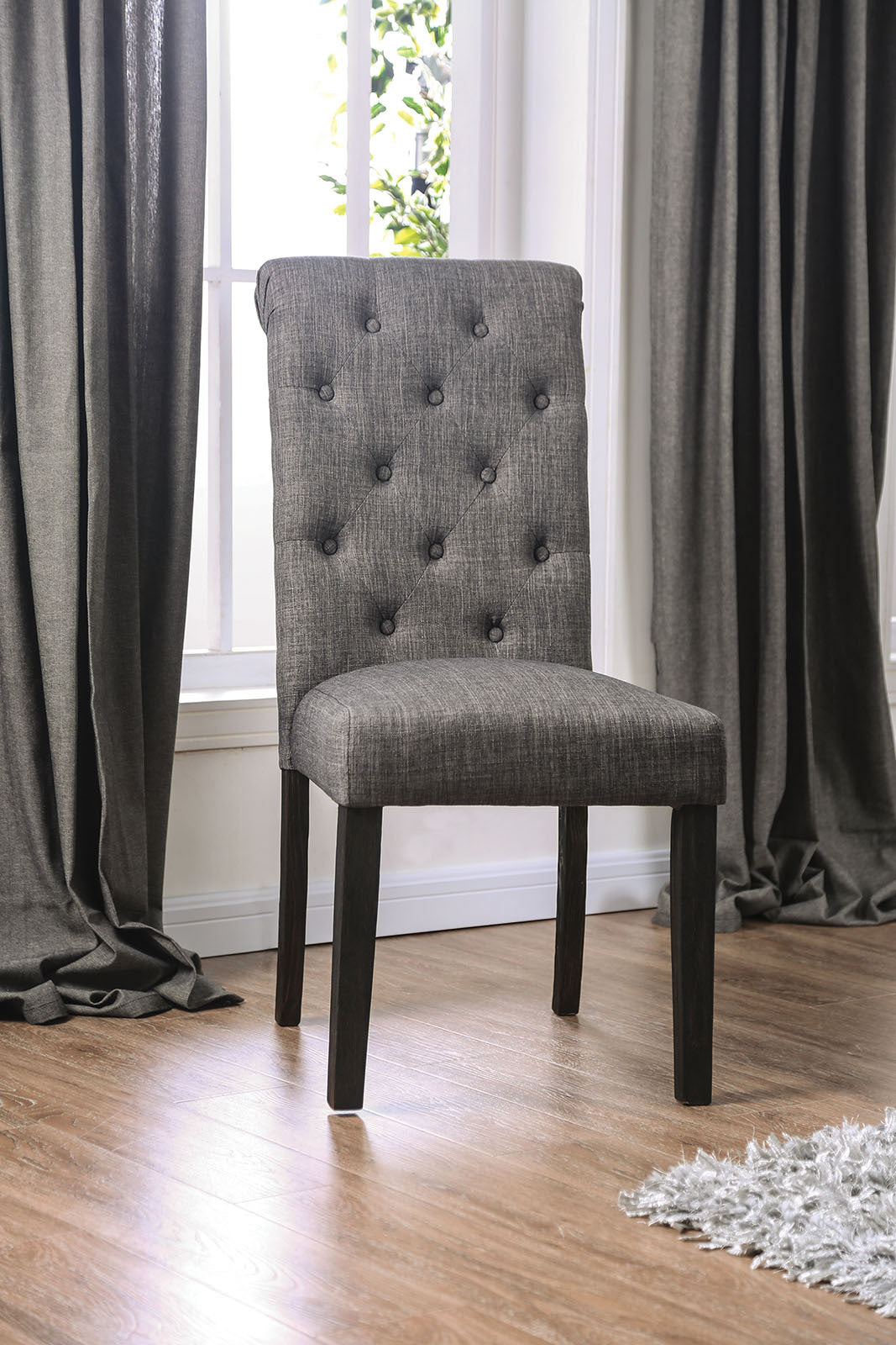 Madeline Button Tufted Linen Side Chairs with Black Legs, Gray