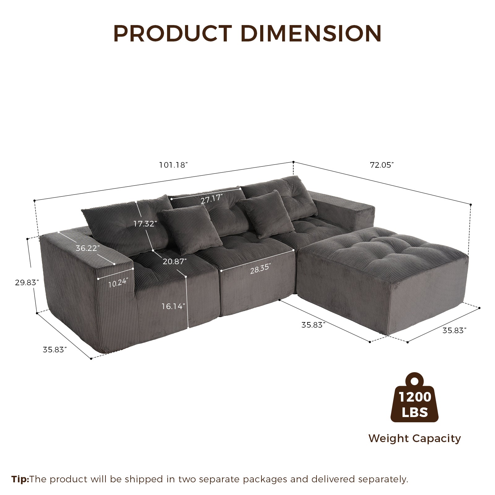 101' L-Shaped Modular Compression Sofa, 3-Seater Comfortable Cloud Sofa, Corduroy Fabric, with Movable Footrest, Free DIY Combination, Suitable for Living Room - detail view 7