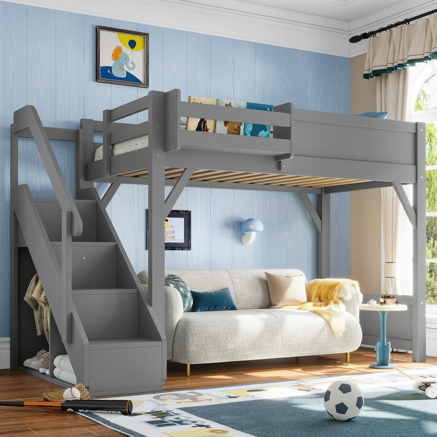 Twin Size Loft Bed with Built-in Wardrobe and Storage Space - Gray - primary color shot