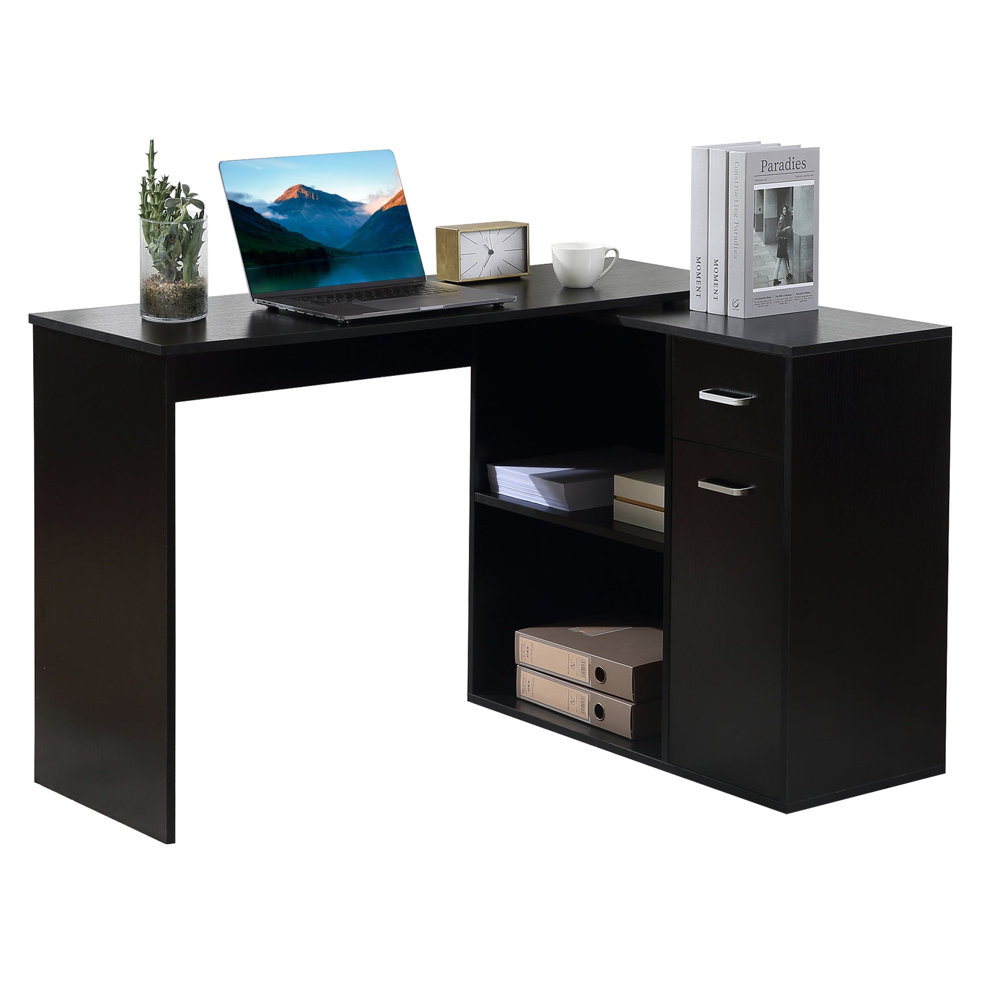 L Shaped Computer Desk, 180° Rotating Corner Desk with Storage Shelves, Black