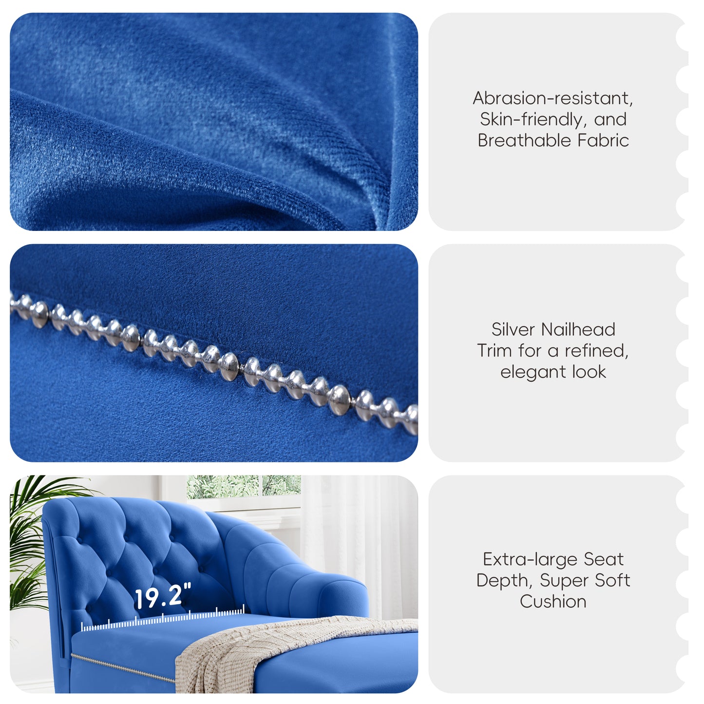 58" Velvet Chaise Lounge - Blue - detail view 7