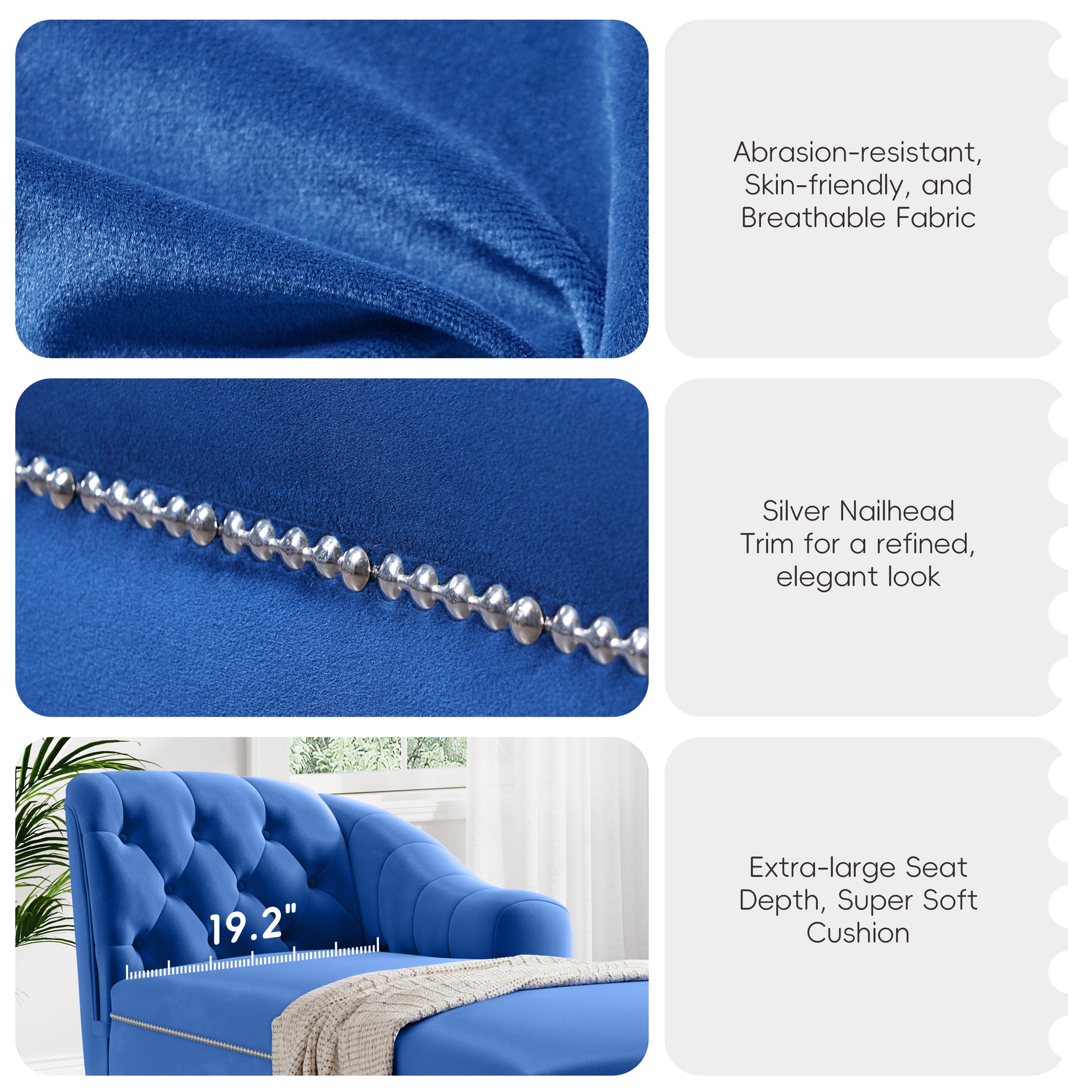 58" Velvet Chaise Lounge - Blue - detail view 7