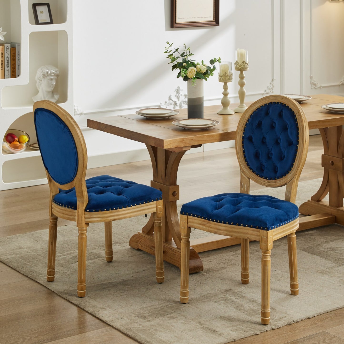 Eliza II French Country Style Side Chairs in Velvet & Solid Wood Set of 2 Blue