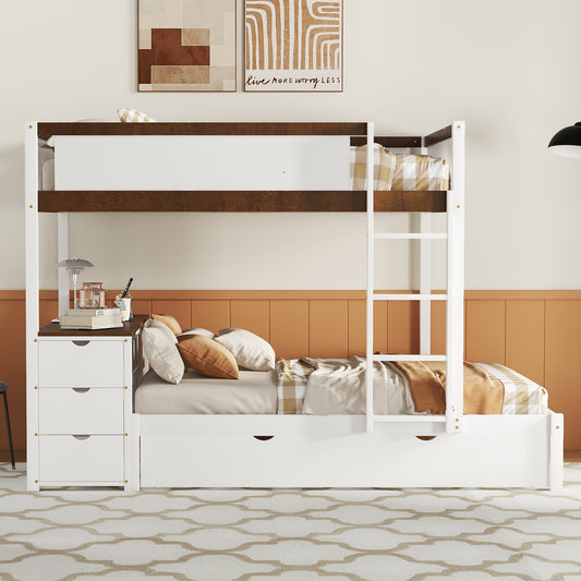 Stewart Full-Over-Full Bunk Bed with Twin size Trundle, Storage and Desk, White+Walnut