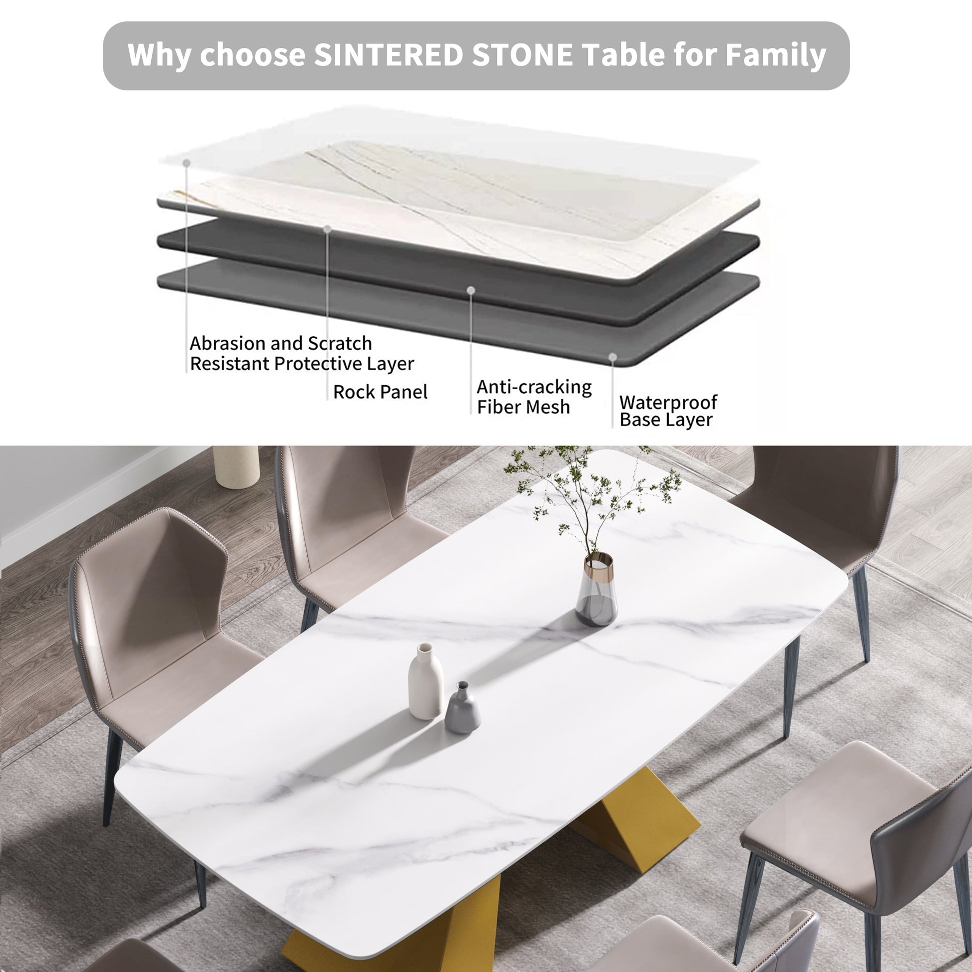 Beryl 70.87"Modern Sintered Stone Dining Table with White Top & Gold Base
