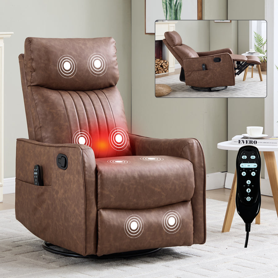 Brown Heat Massage Manual Recliner Chair with Rocker and Swivel in Faux Leather - primary color shot