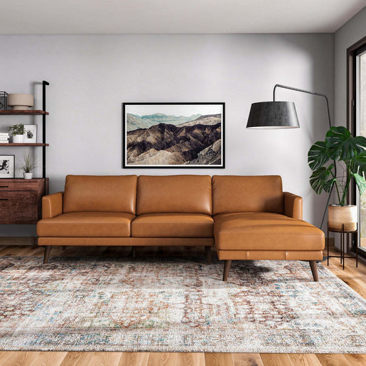 Lore  L-Shaped Genuine Leather Sectional In Tan Right Facing - primary color shot