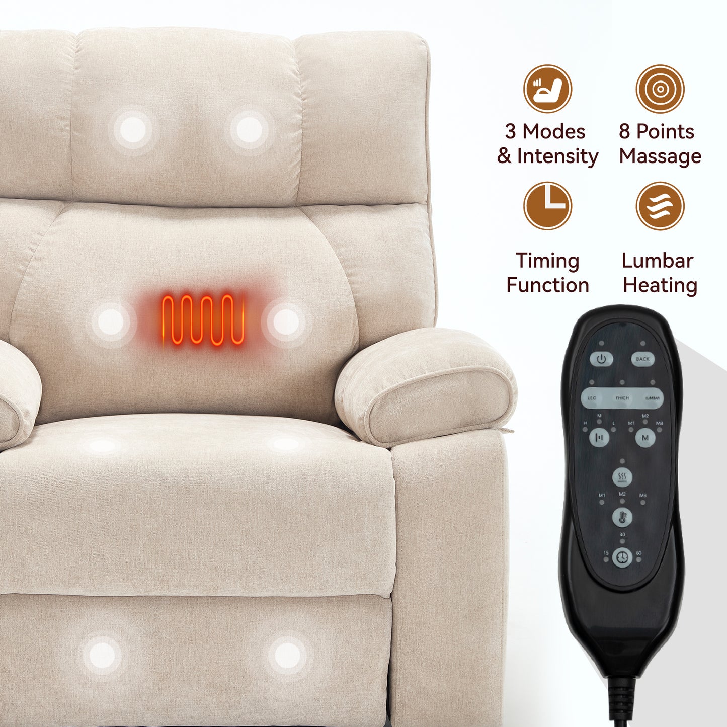 Beige Heat Massage Dual Motor Infinite Position Up to 350 LBS Large Electric Power Lift Recliners with Hidden Cup Holders - detail view 8