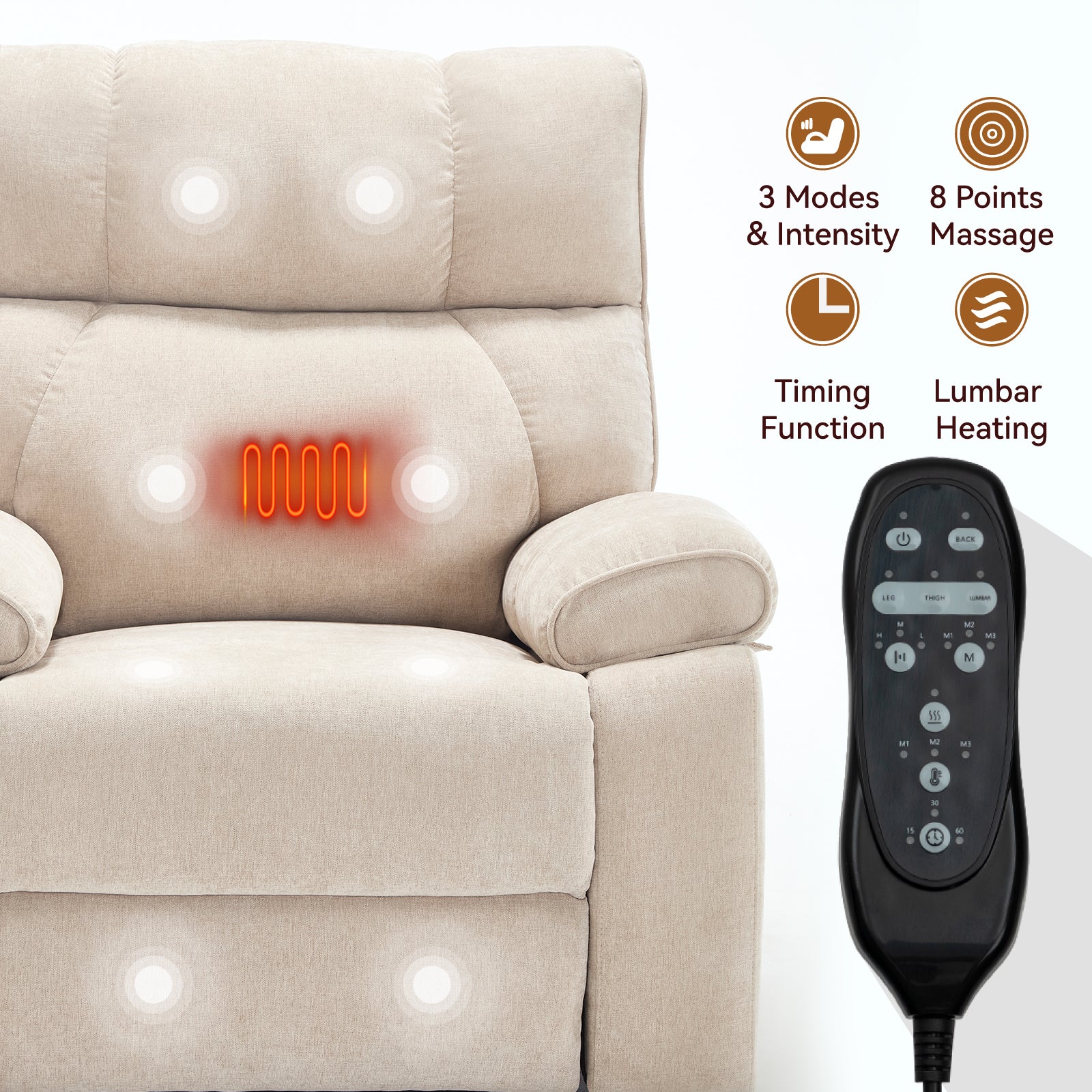 Beige Heat Massage Dual Motor Infinite Position Up to 350 LBS Large Electric Power Lift Recliners with Hidden Cup Holders - detail view 8