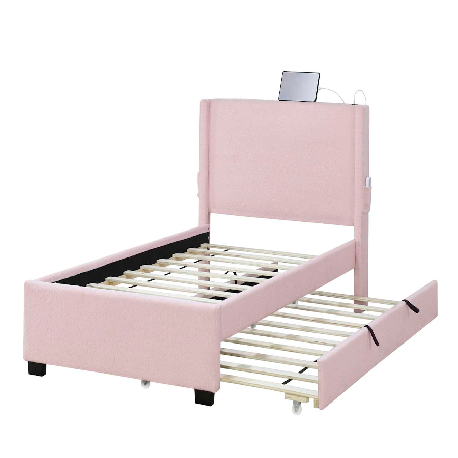 Celeste Bouclé Upholstered Twin Bed with Trundle & Charging Headboard – Baby Pink