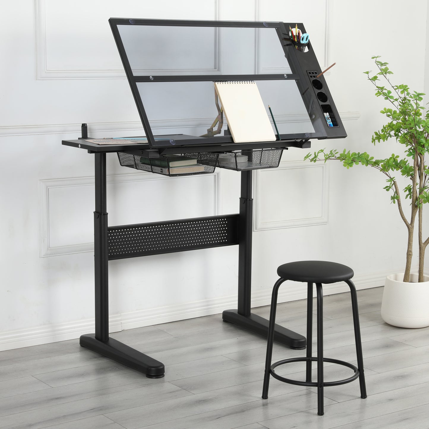 Malachai Hand Crank Adjustable Drafting Desk with Stool, Black