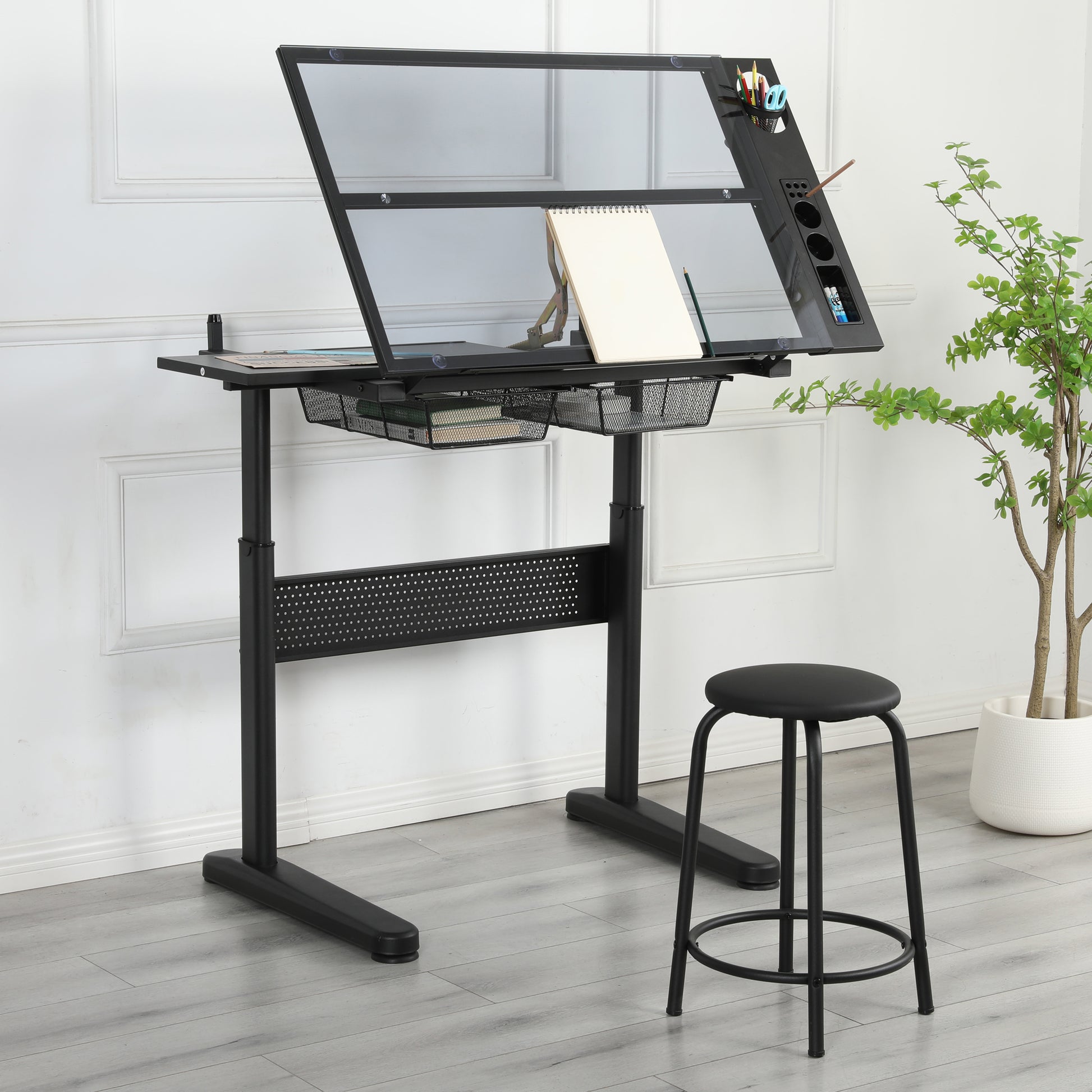 Malachai Hand Crank Adjustable Drafting Desk with Stool, Black