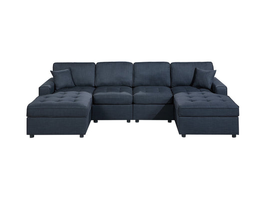 Contemporary Style Sectional Sofa Set RAF And LAF Chaise Armless Chairs Dark Blue Color Dorris Fabric Tufted Couch Pillows Living Room - detail view 2