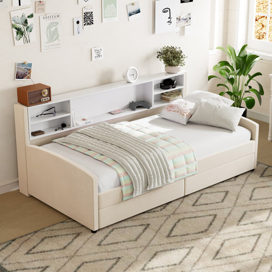 Ellian Twin size Velvet Daybed with Storage and Drawers, Beige