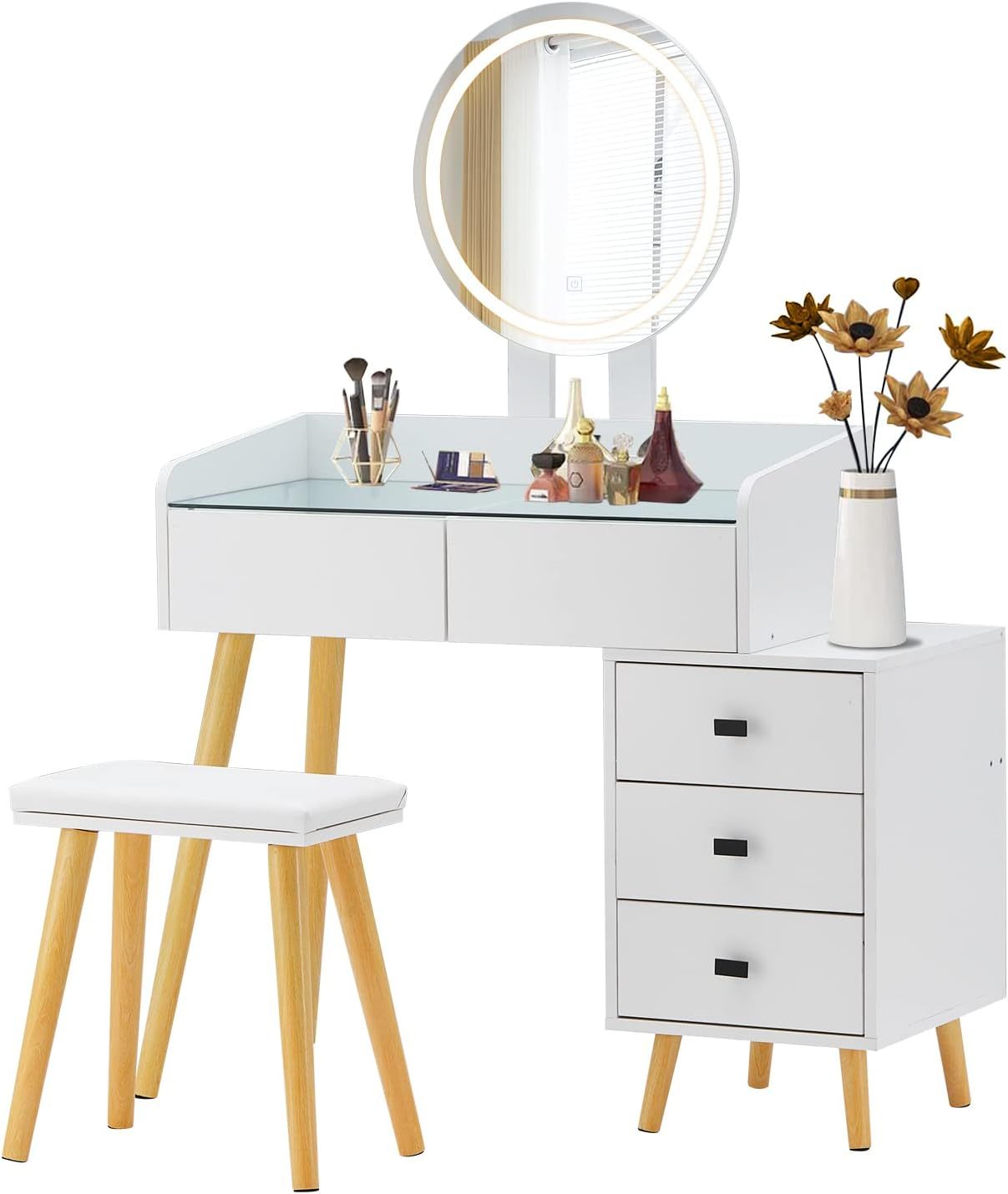 Selma Modern Vanity Set with Adjustable Brightness and Stool