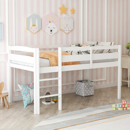Twin Wood Loft Bed Low Loft Beds with Ladder - White - primary color shot