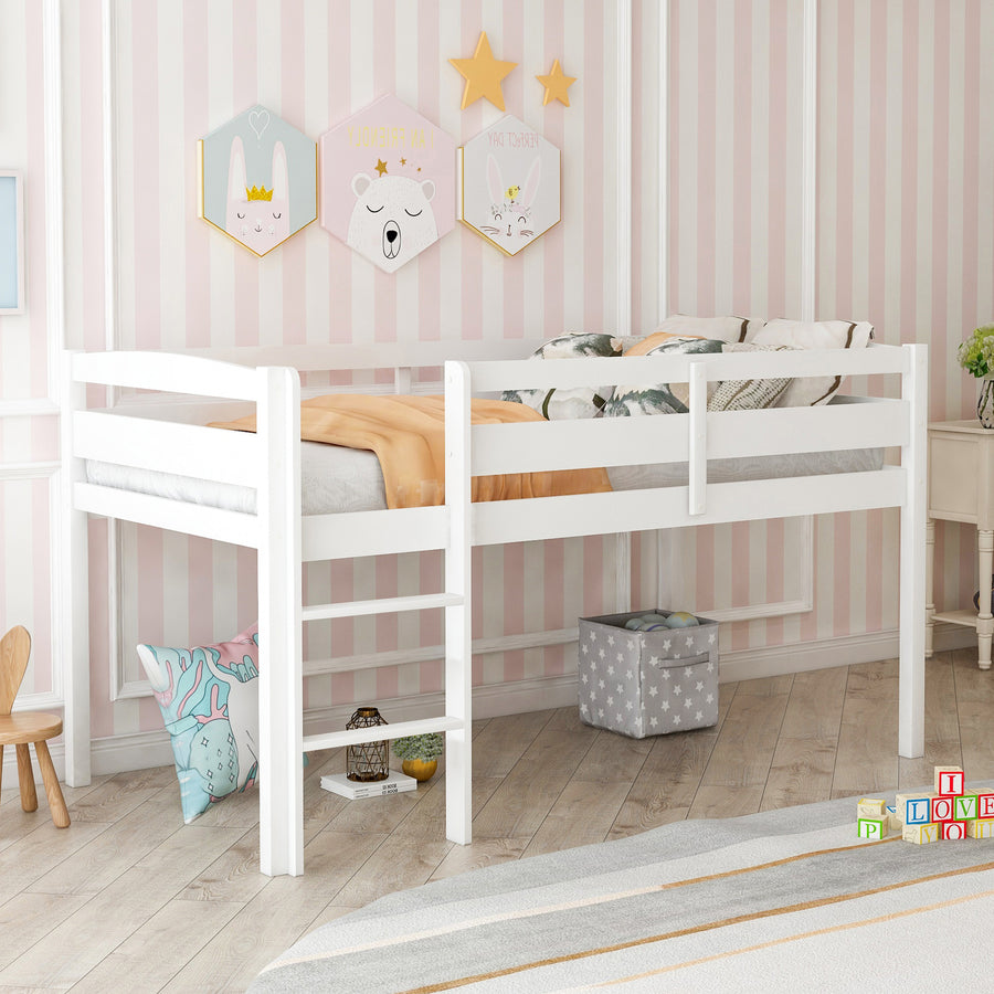 Twin Wood Loft Bed Low Loft Beds with Ladder - White - primary color shot