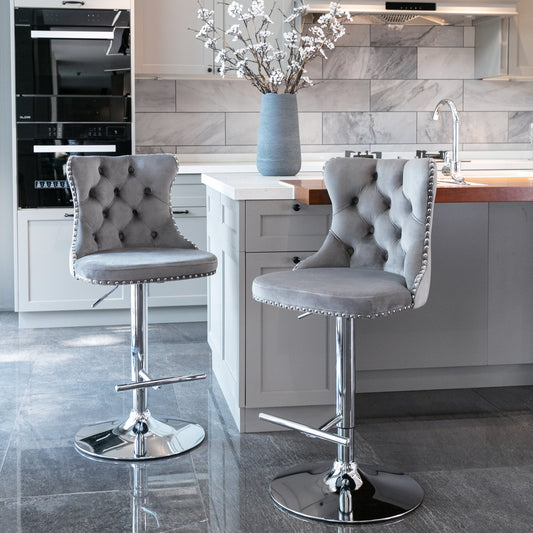 Gray Velvet Tufted Bar Stool with Silver Legs (Set of 2)