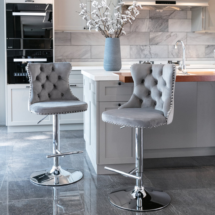 Gray Velvet Tufted Bar Stool with Silver Legs (Set of 2)
